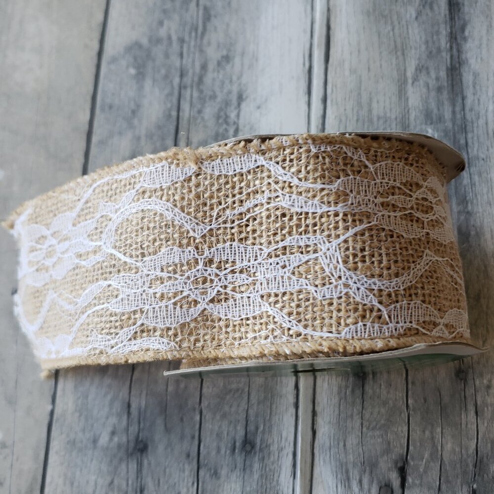 Wired Burlap Ribbon with Full White Lace Overlay - 2.5" x 10'
